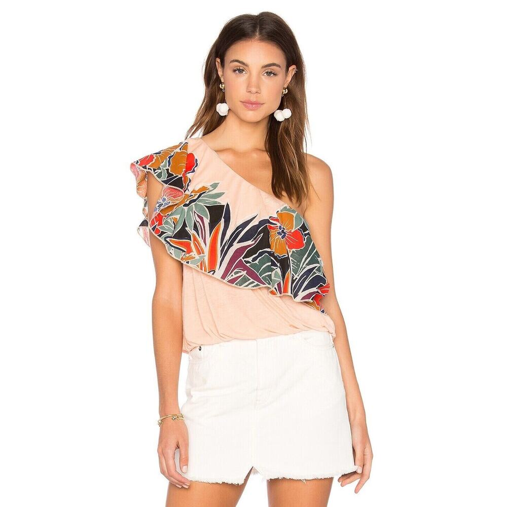 Free People Annka Peach Floral One Shoulder Bubble Top Size Small S
